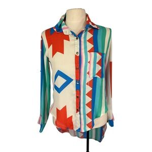 Forever 21 Geometric Stripe High Low Roll Tab‎ Sleeve Blouse Multicolor Small